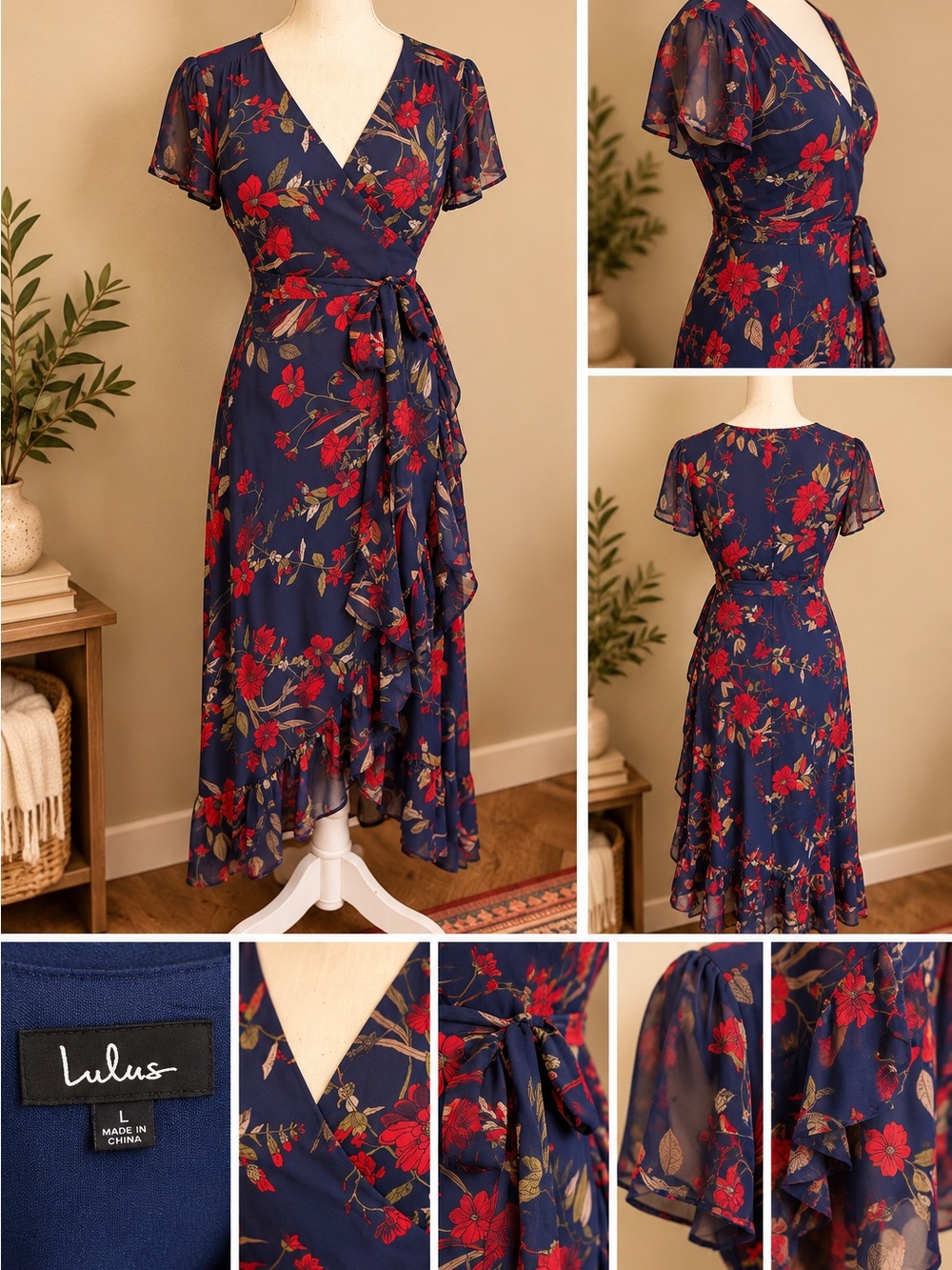 Lulu's Navy Floral Wrap Midi Dress with Red & Olive Accents